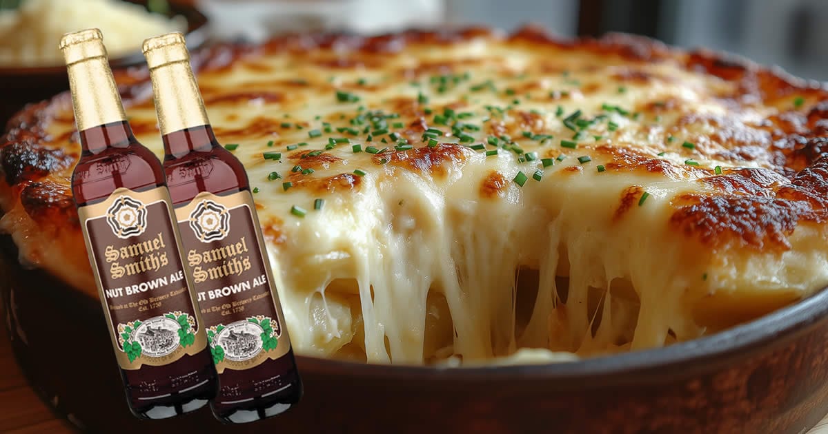 Cerveza Samuel Smith´s Nut Brown Ale con papas gratinadas